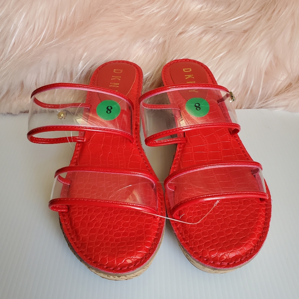 DKNY New Elsa Red Clear Strap Wedge Sandal Slide S